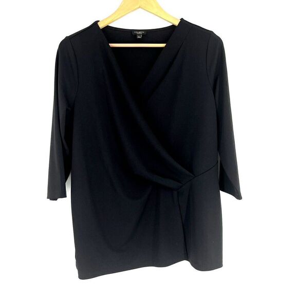 Talbots Shirt Size 1X Petite Womens Black Faux Wrap 3/4 Sleeve Top Draped Blouse - Picture 1 of 6